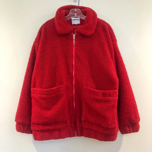 I. AM. GIA. Red Oversized Full Zip Collared Teddy Jacket Women's Small - Picture 2 of 9